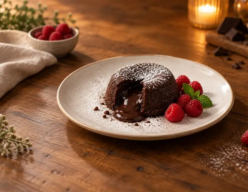 A chocolate lava cake with raspberries